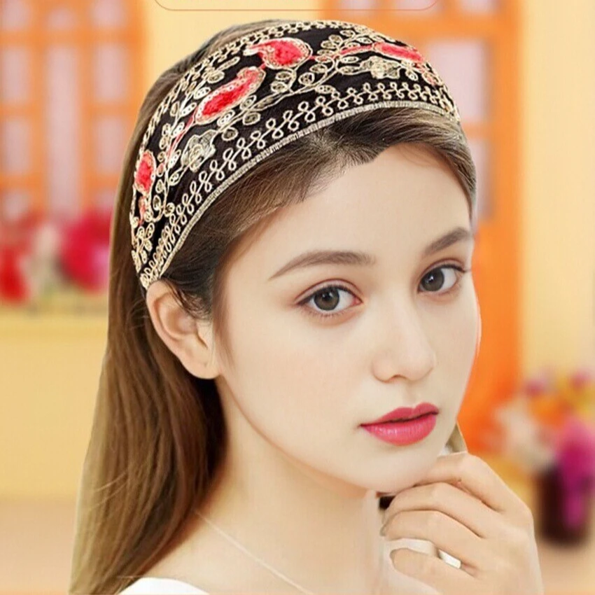 网红头饰蕾丝绣花民族风遮白发碎发宽边古风发箍气质广场舞发饰女