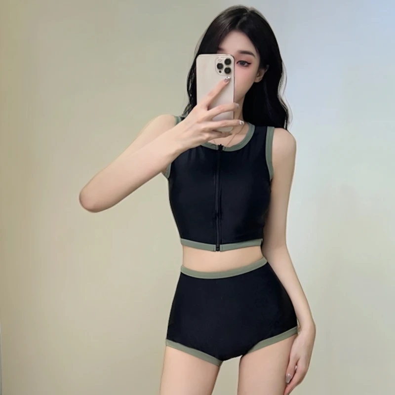 显瘦大三角泳衣女款分体运动保守高腰遮肚温泉游泳衣无钢圈套装