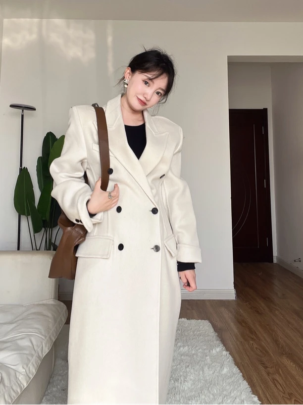 全羊毛沙漏大衣外套垫肩大衣显瘦设计感