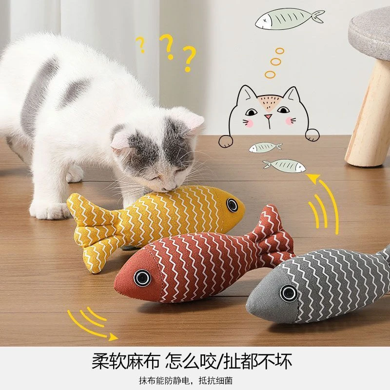 新款猫玩具自嗨解闷猫薄荷鱼耐用幼猫磨牙麻布薄荷仿真鱼猫咪玩具