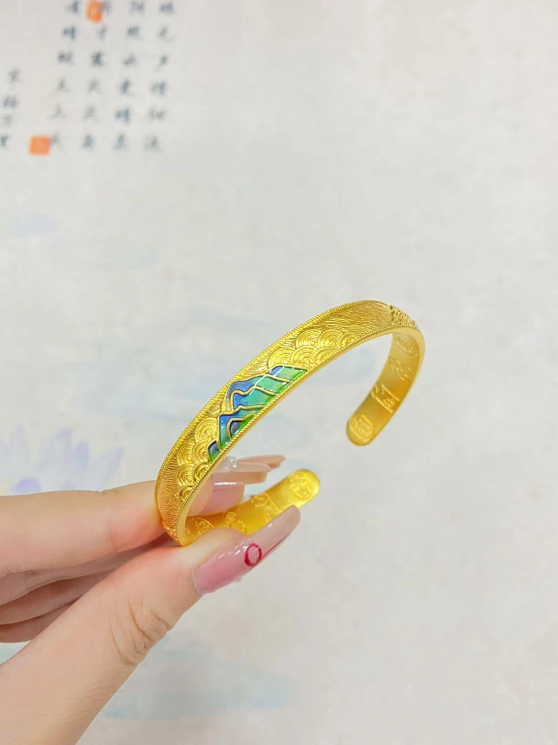 足银手镯 首饰千里江山珐琅手镯同款实心送女友礼物