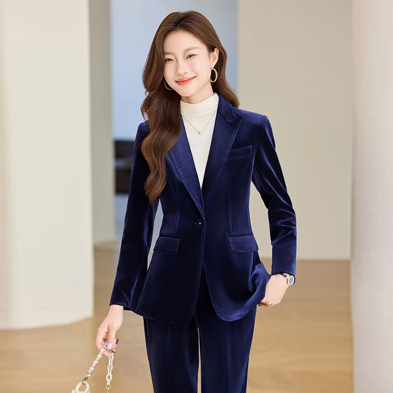网红高端金丝绒藏蓝色西装显瘦秋季女2025新款时尚职业女神范西服