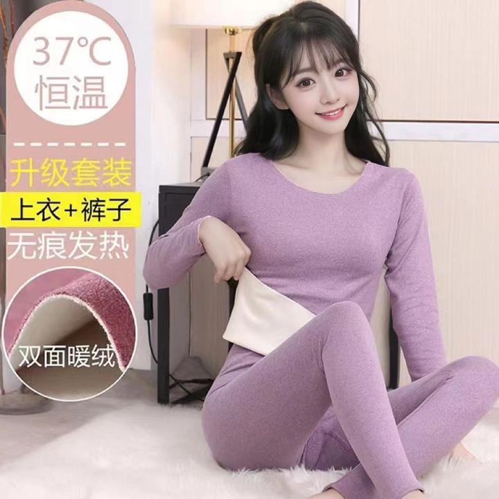 新款德绒无痕保暖女士内衣套装自发热一体加绒加厚秋衣秋裤