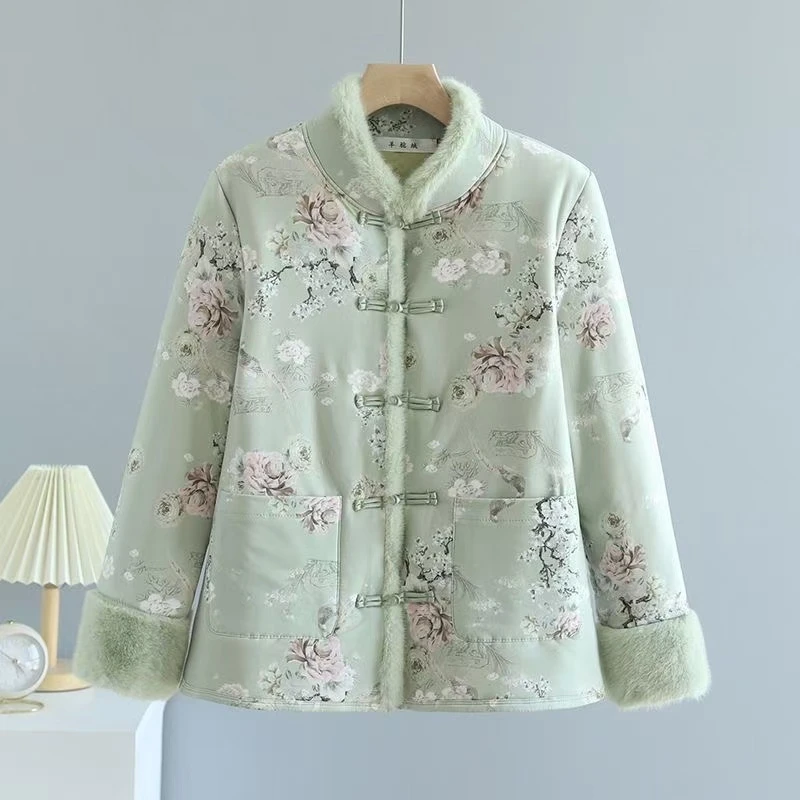 新中式复古盘扣棉服古风冬季新款妈妈装加绒加厚国风棉衣立领外套