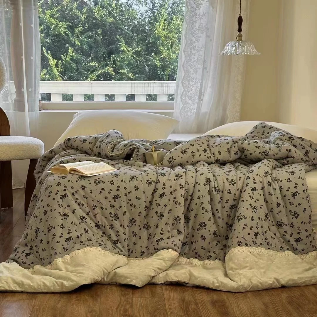 全棉100%针织大豆被20%大豆蛋白法式花边柔软暖和复古小碎花机洗