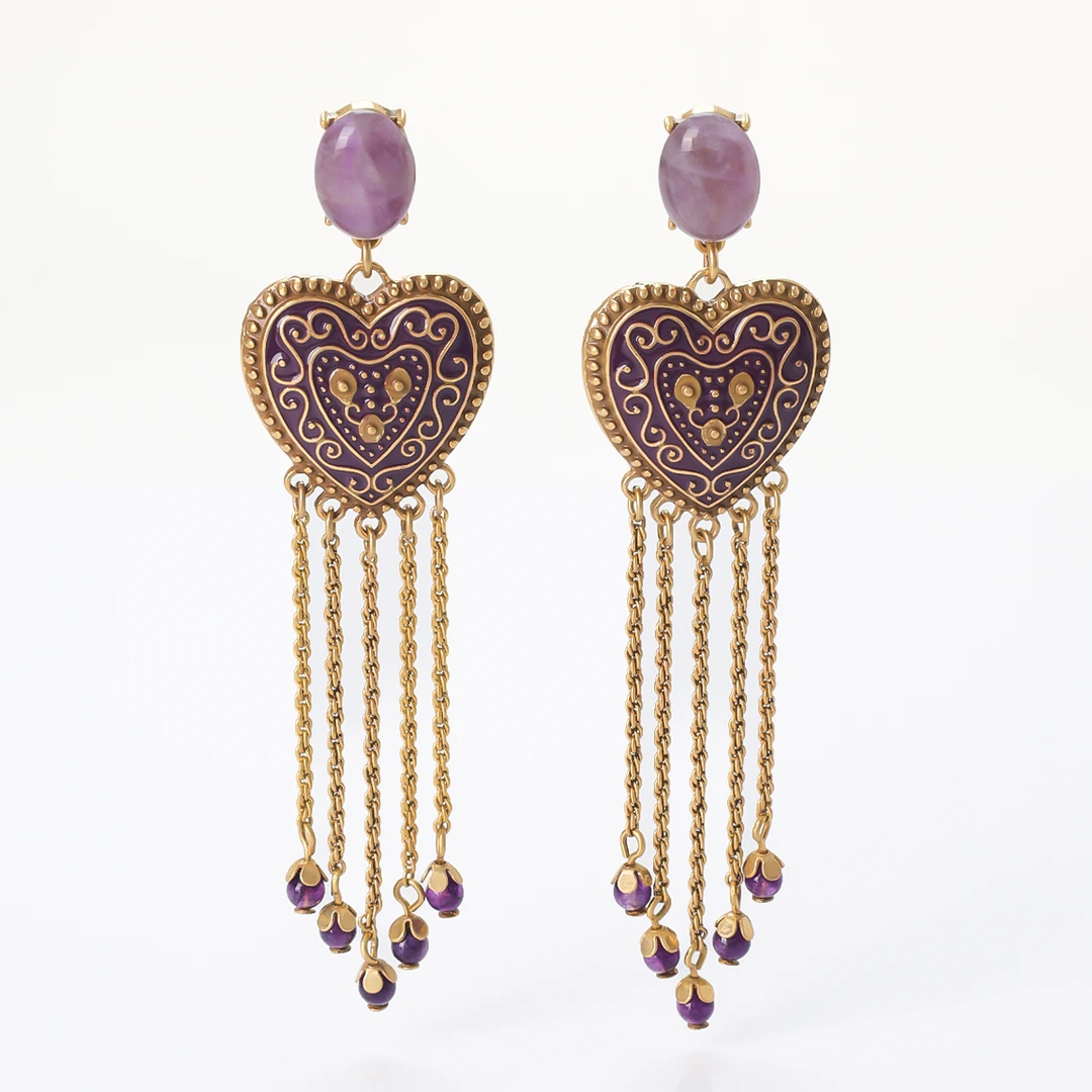 铜合金耳饰 紫色爱心流苏耳环时尚复古风长款耳坠复古夸张耳饰