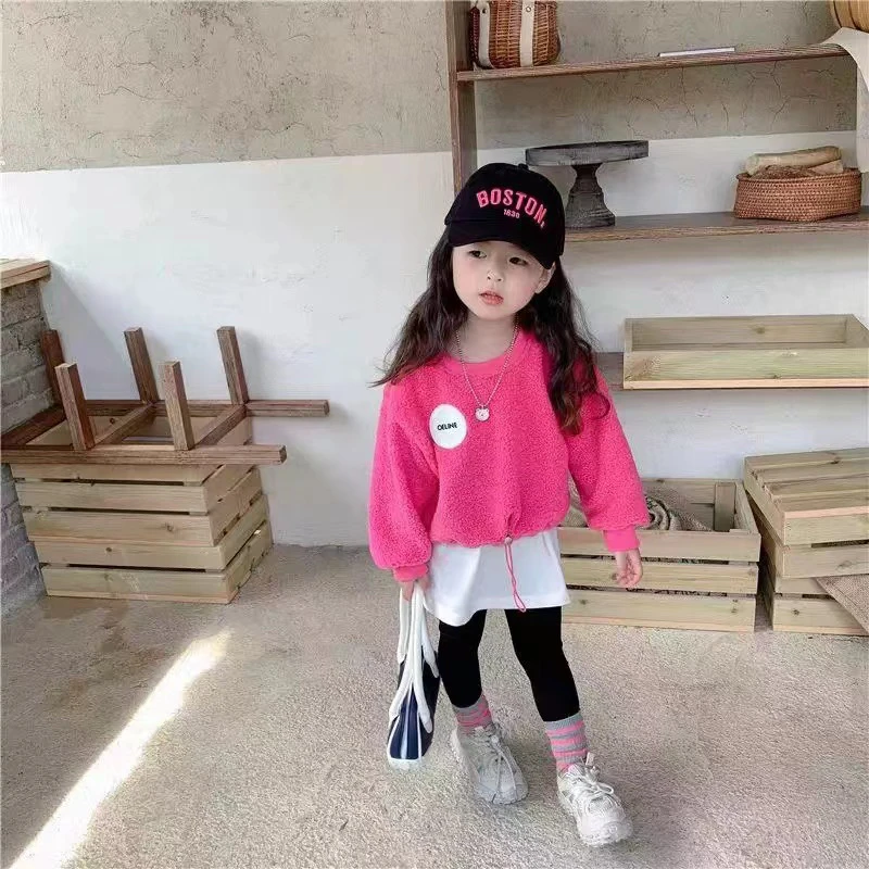 女童加绒套装秋冬2022新款儿童炸街羊羔绒卫衣冬季大童加厚二件套