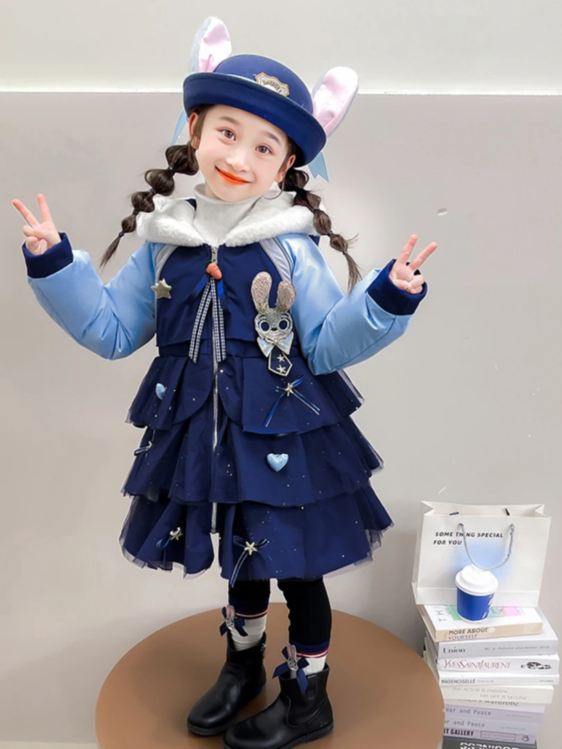 女童羽绒棉服2024新款朱迪兔子警官加绒外套冬款儿童装加厚派克服