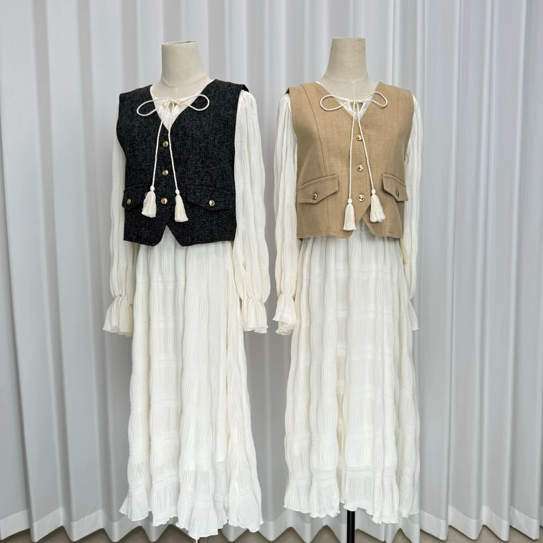 【辣妈姐妹】仙仙荷叶长袖马甲两件套连衣裙 89717