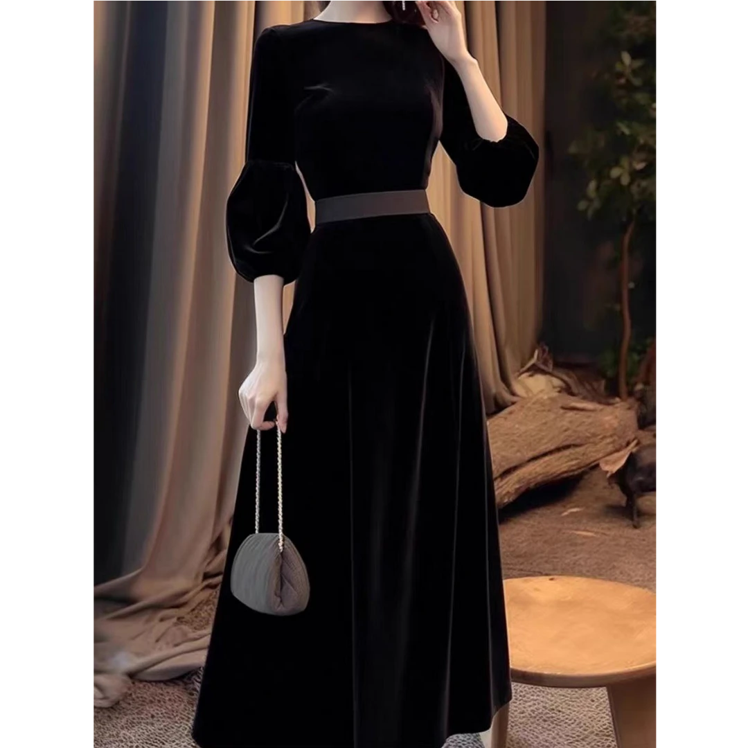 2025春秋新款轻奢名媛高级气质高贵生日礼服黑色金丝绒连衣裙女款