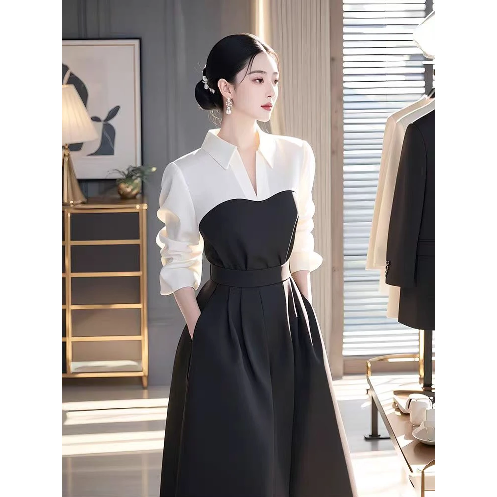 秋季爆款名媛时尚法式气质轻奢正式场合黑白拼接长袖衬衫领连衣裙
