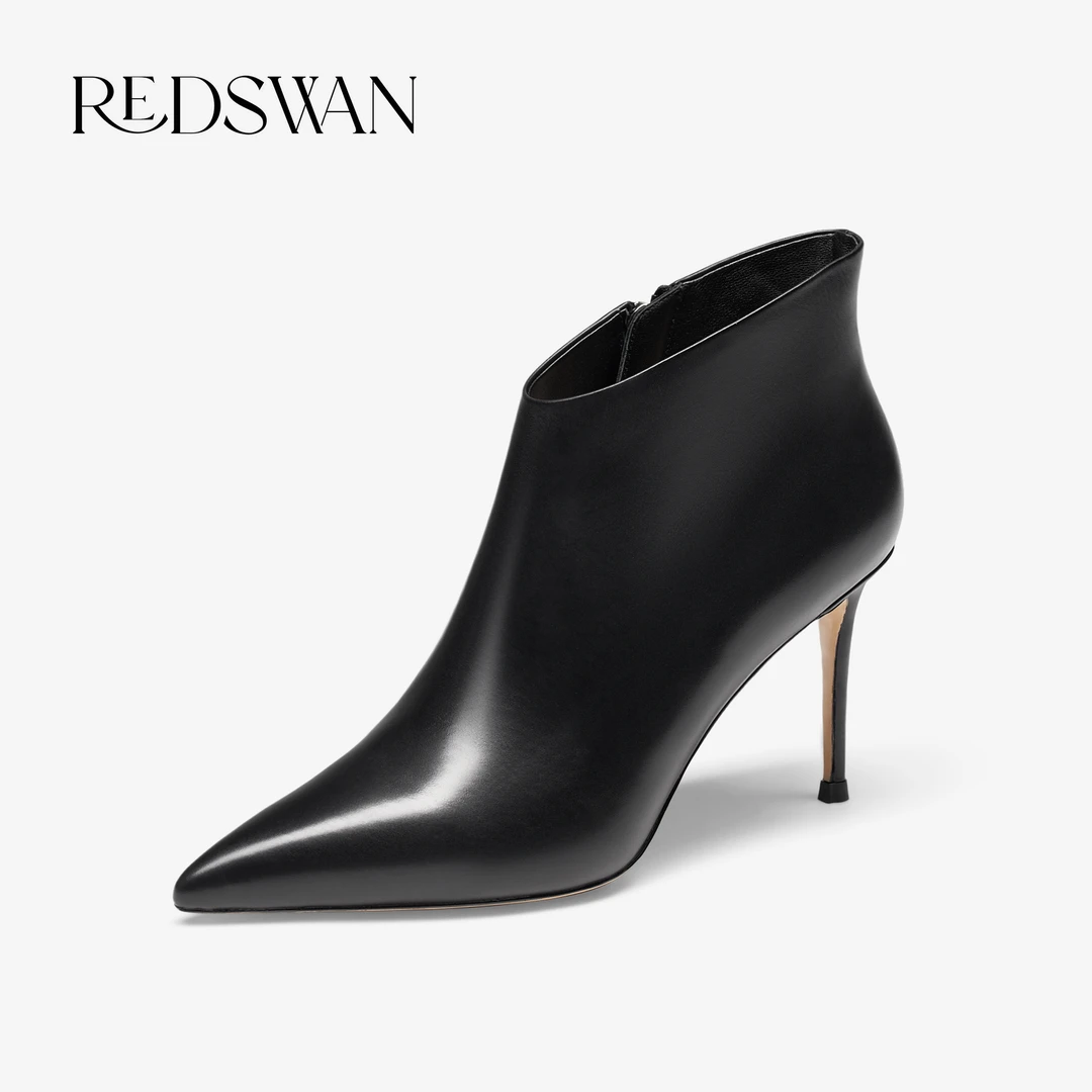 REDSWAN 真皮靴尖头黑色通勤细高跟短筒秋冬季新款高级感简约短靴