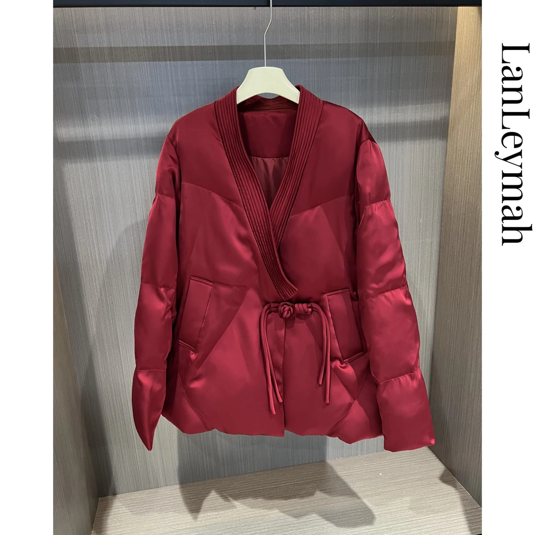 【LanLeymah】缎面新中式 无领A字版宽松盘扣年味气质棉服YK153