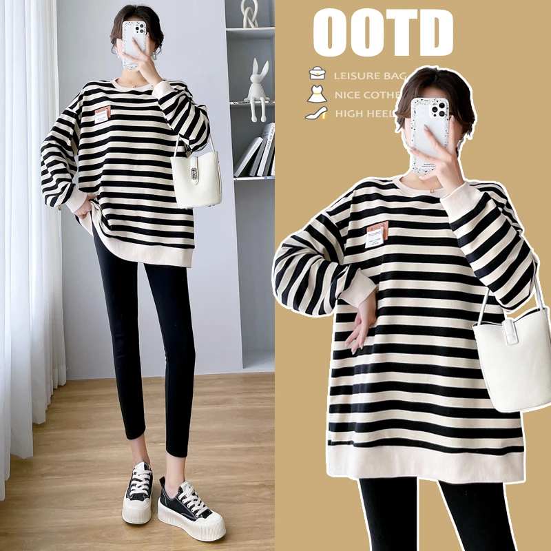 孕妇装2023秋装新款网红韩版套装宽松条纹大码时尚卫衣打底裤套装
