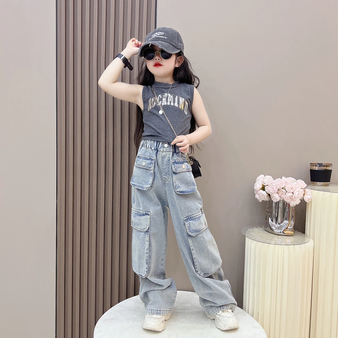 （宥暖）儿童夏季设计感潮酷帅气工装牛仔阔腿裤潮