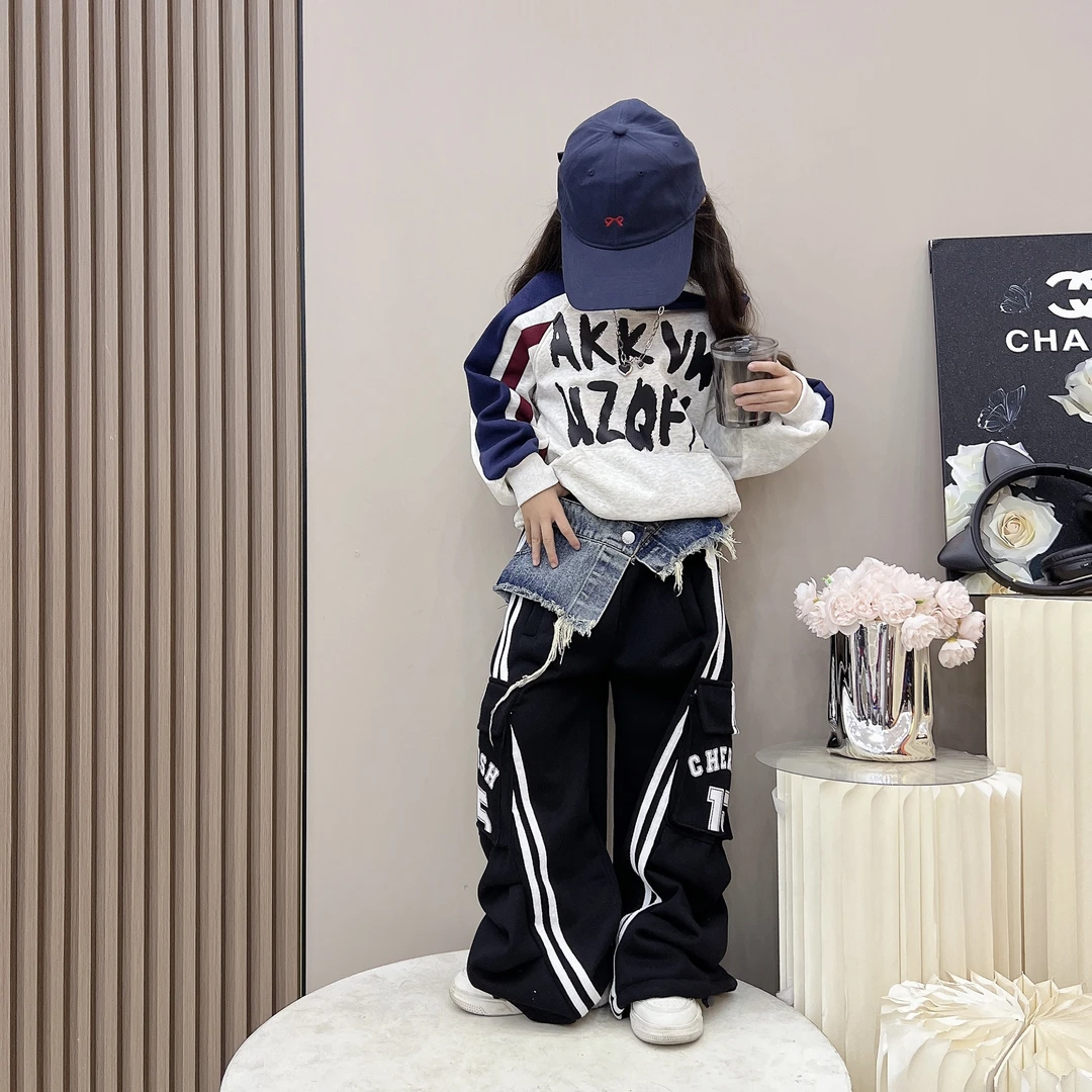 女童秋冬季痞帅潮酷休闲加绒卫衣中大童时髦街舞风加绒卫裤阔腿裤