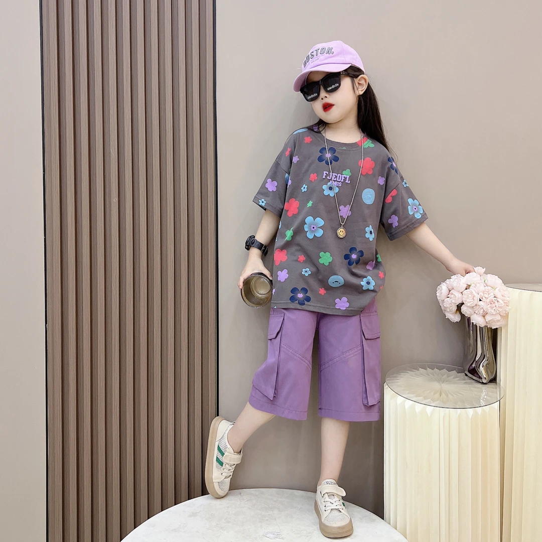 （宥暖）男女童夏季休闲宽松短袖T恤棉布中裤两件套中大童运动套装