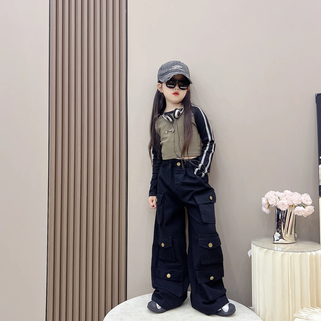 女童春季痞帅潮酷休闲风立体口袋工装裤中大童洋气百搭爵士露腰衫