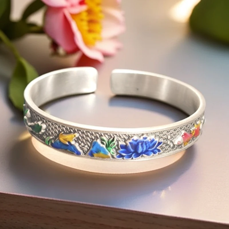 足银珐琅手镯 足银999.9魚戏莲气质珐琅手镯复古开口节日礼物