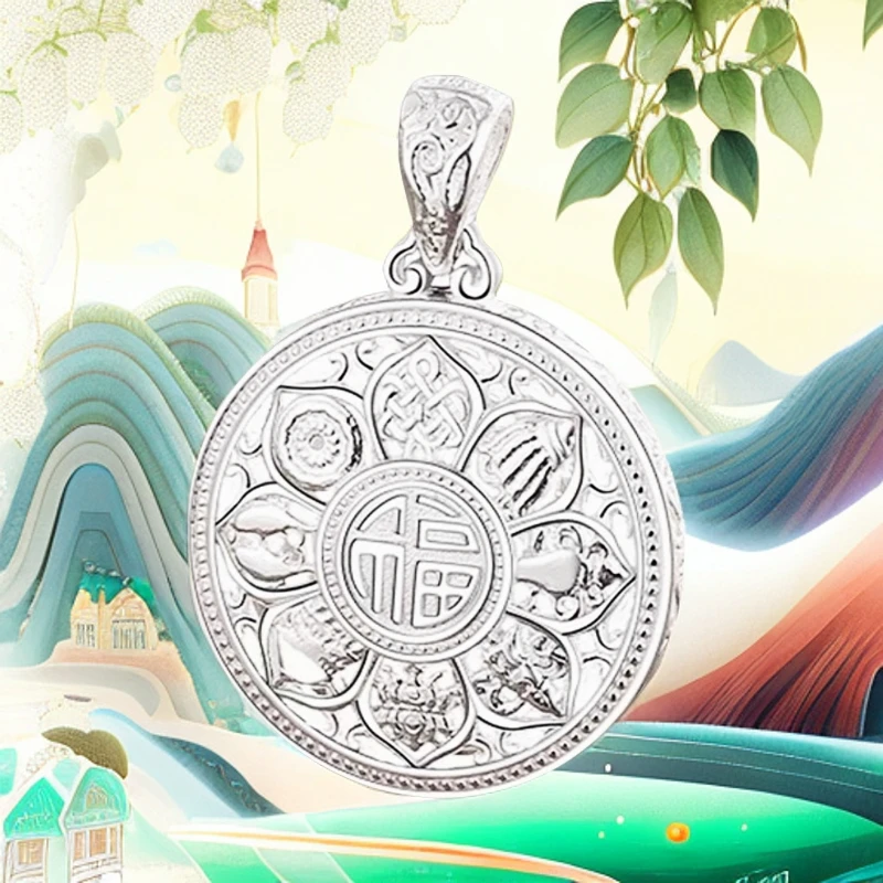 吊坠足银 正品足银999纯银八宝罗盘挂坠吊坠时尚福字转运项链女款