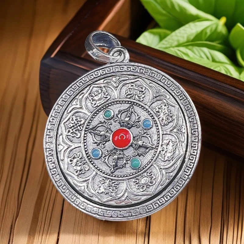 足银银制品 足银八宝罗盘秋冬毛衣链吊坠纯银镂珐琅转动项链挂坠