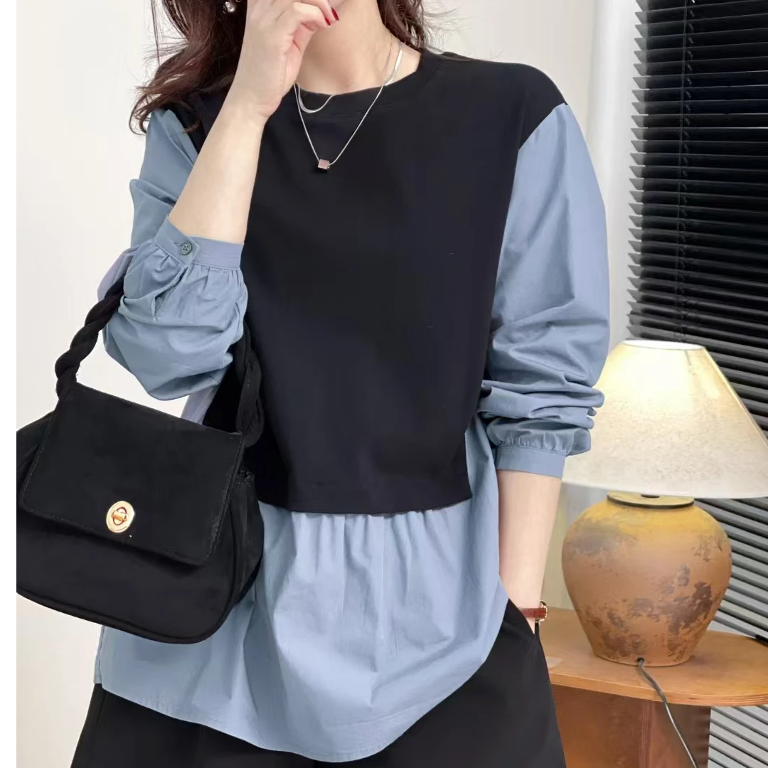 时尚休闲假两件2024秋季新款圆领拼色设计感后单排扣拼色衬衫