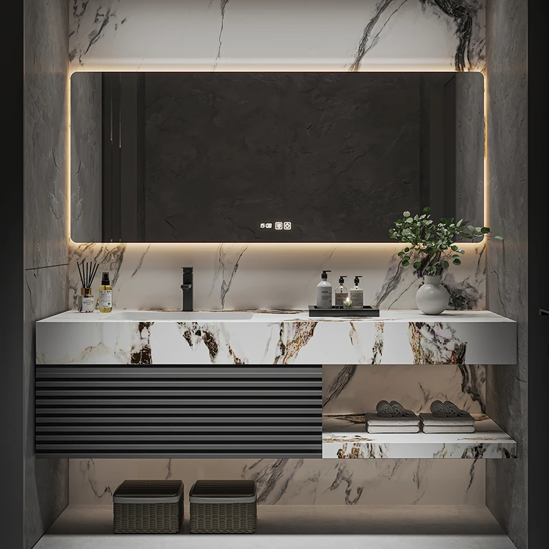 现代轻奢浴室柜岩板陶瓷一体盆洗漱台卫生间洗脸洗手盆柜卫浴组合