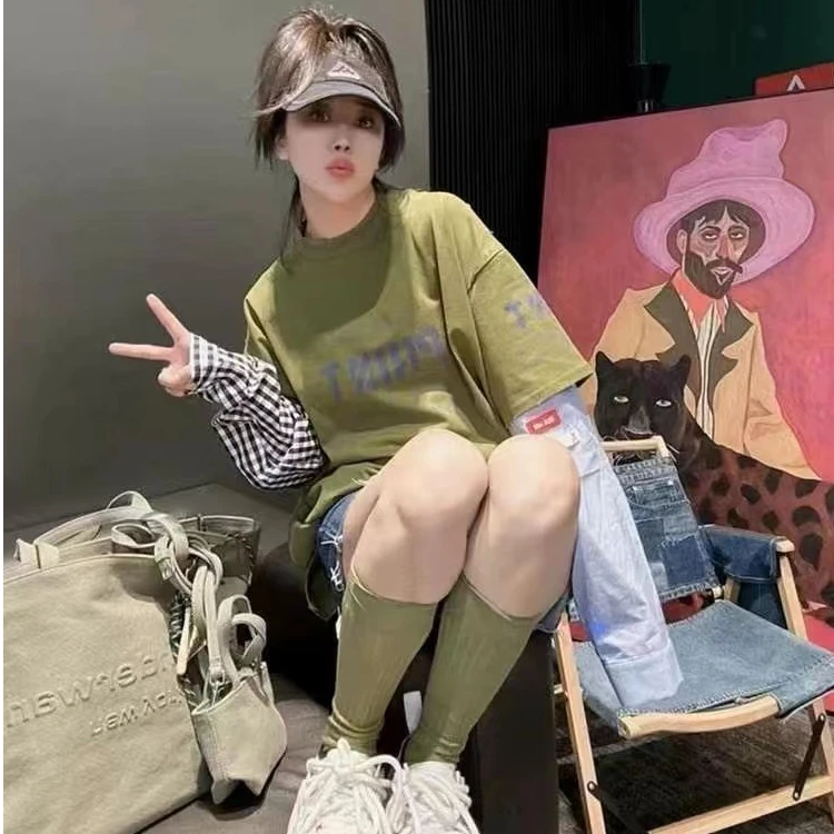 《赵小姐服饰》小众设计2024早秋新款时尚拼接圆领假两件长袖T恤