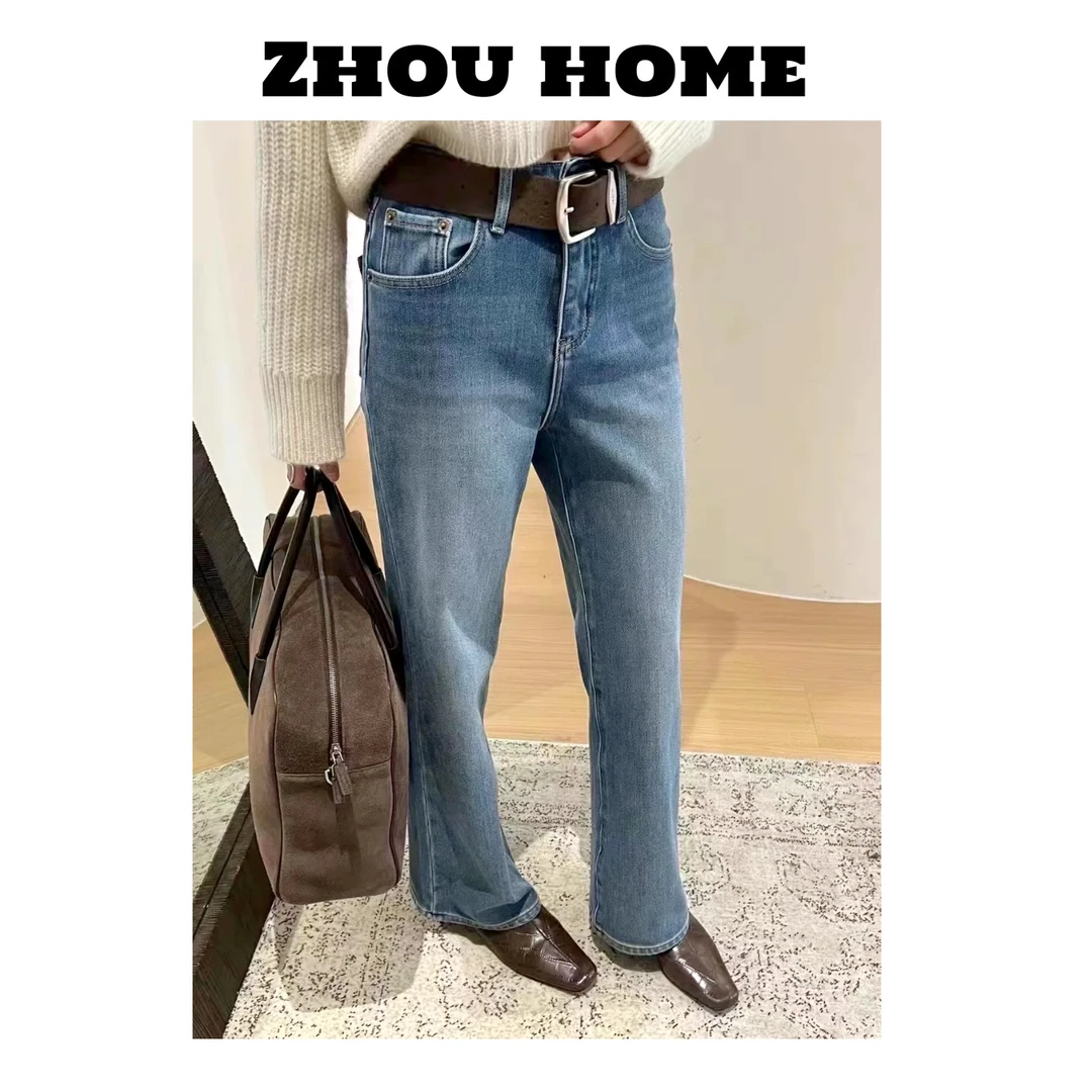 【周周服饰】欧货水洗植绒加厚微喇牛仔裤女冬季2024新款