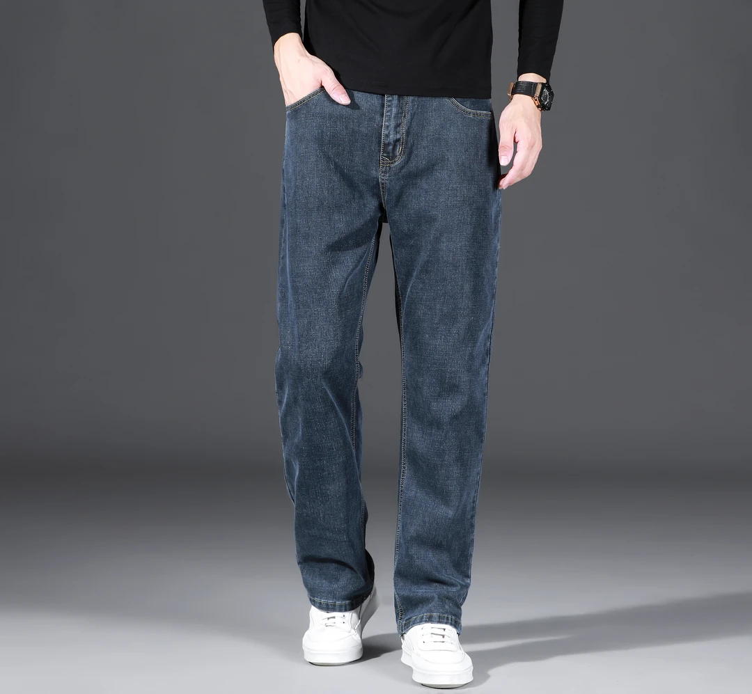 高端蓝灰色牛仔裤男直筒宽松大码棉弹中年男士休闲裤子春秋款男裤