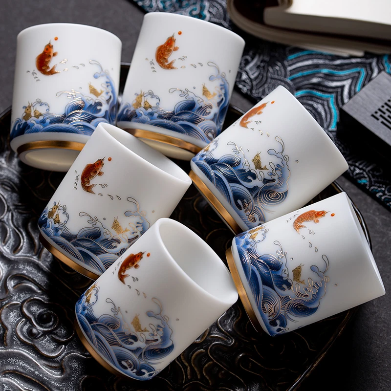 金丝珐琅彩羊脂玉瓷主人杯陶瓷茶杯德化白瓷闻香品茗杯6个礼盒装
