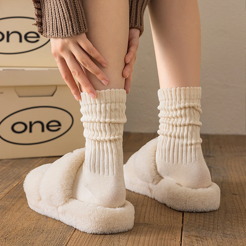 粗线袜子女秋冬纯色美式复古中筒袜白色针织日系长筒袜冬季堆堆袜