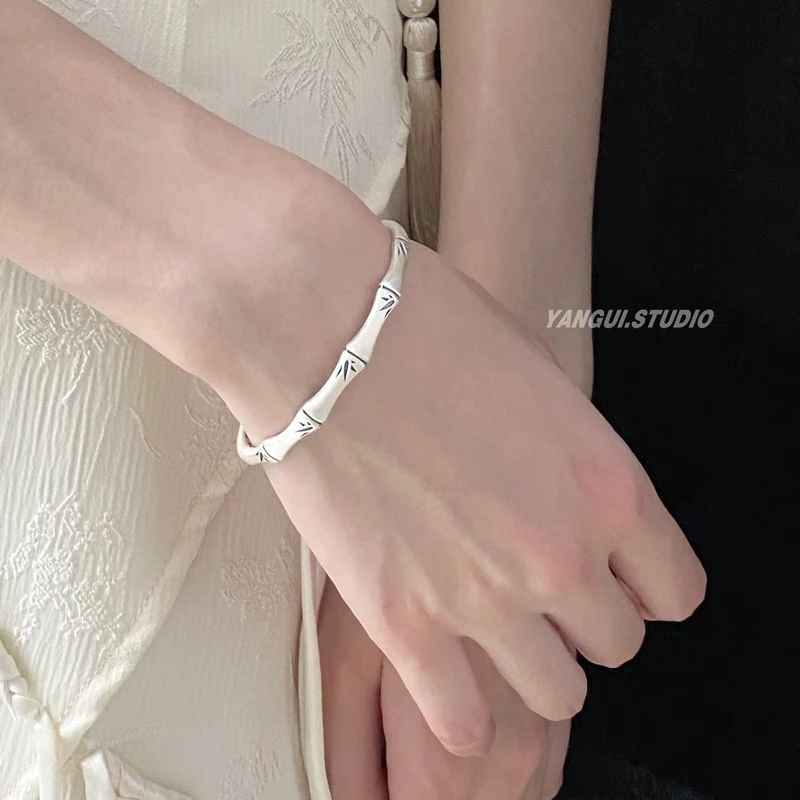 足银手镯 燕归原创「不可无竹」实心竹节新中式国风推拉纯银手镯女