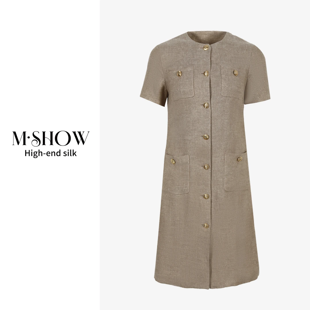 【亚麻+桑蚕丝】16姆米电力纺显瘦百搭短袖亚麻真丝连衣裙8938L