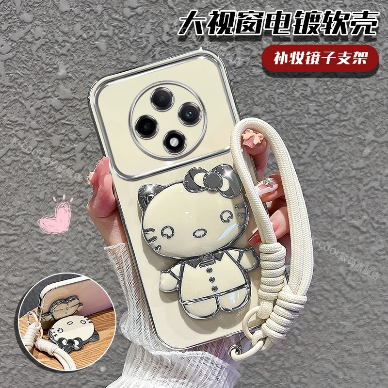 适用【vivoy300pro】手机壳猫咪补妆镜支架大视窗保护女外壳时尚软