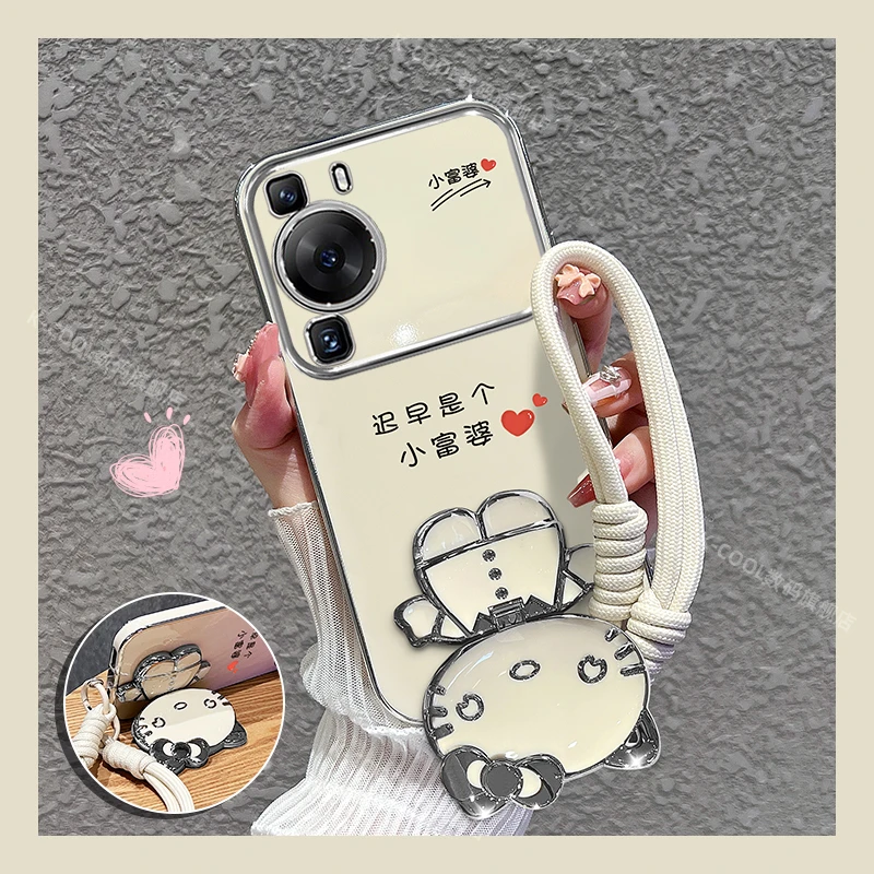 适用华为p60手机壳pro小富婆猫咪补妆镜支架手机壳女款外壳时尚软