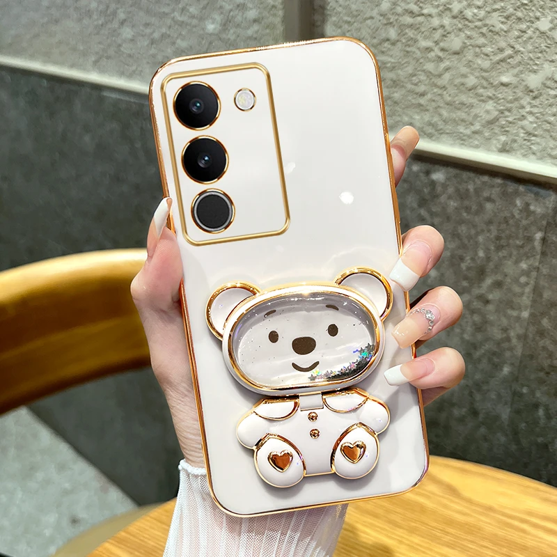 适用vivos17手机壳s17pro流沙爱心熊补妆镜电镀硅胶全包软壳女款