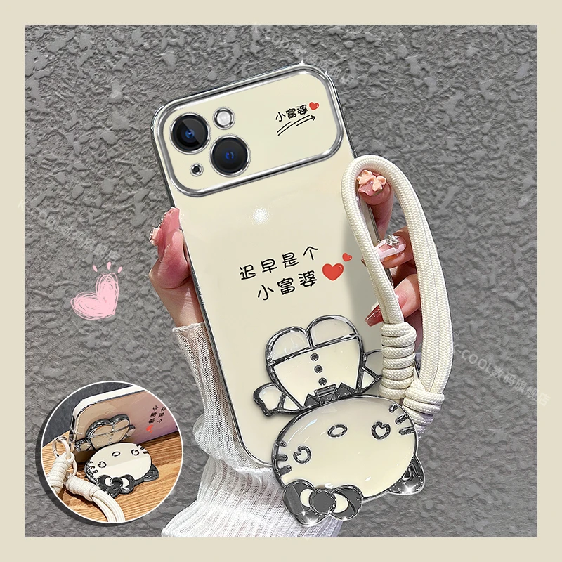 适用苹果15手机壳小富婆猫咪补妆镜支架手机壳女款外壳潮流时尚套