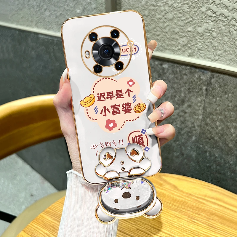 适用荣耀magic3手机壳迟早是个小富婆流沙熊支架电镀硅胶保护软壳