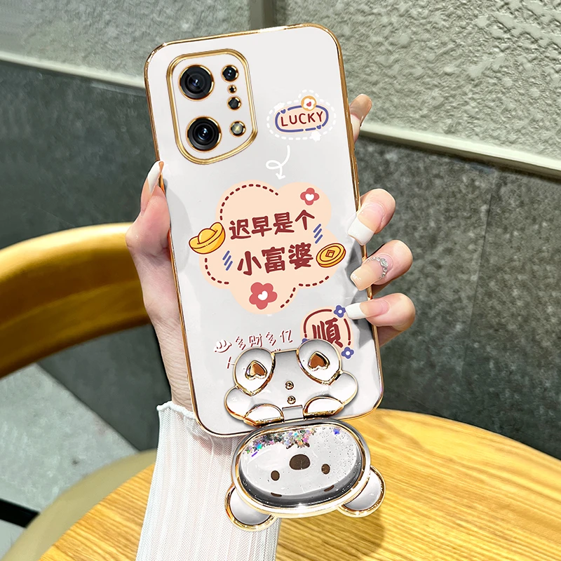 适用oppofindx5手机壳findx5pro迟早是个小富婆流沙熊支架电镀壳