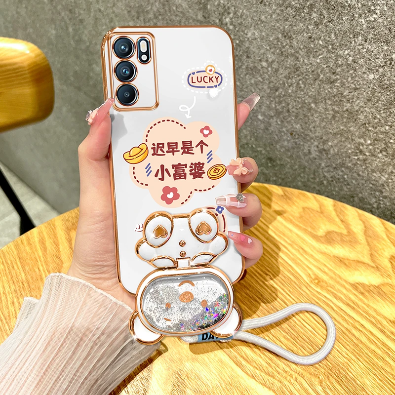 适用opporeno6手机壳reno6pro迟早是个小富婆电镀硅胶防摔手绳女