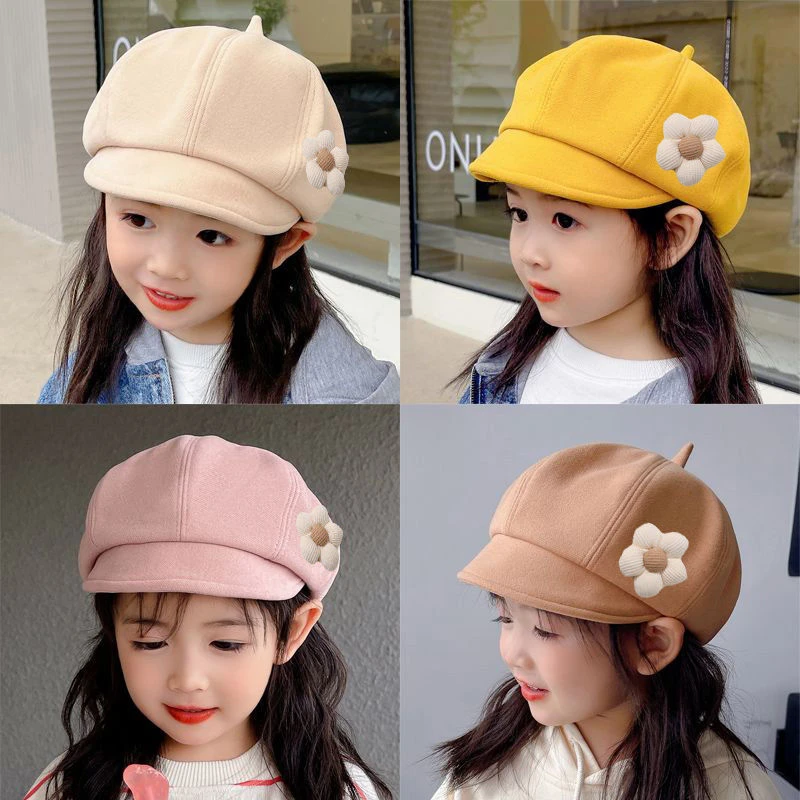 女童贝雷帽时尚韩版鸭舌帽儿童八角小学生花朵帽子春秋冬保暖防风