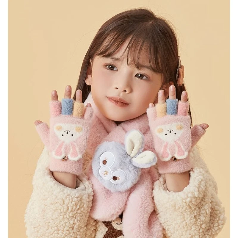 P72716Y儿童手套半指男女童秋冬季保暖加绒翻盖可爱