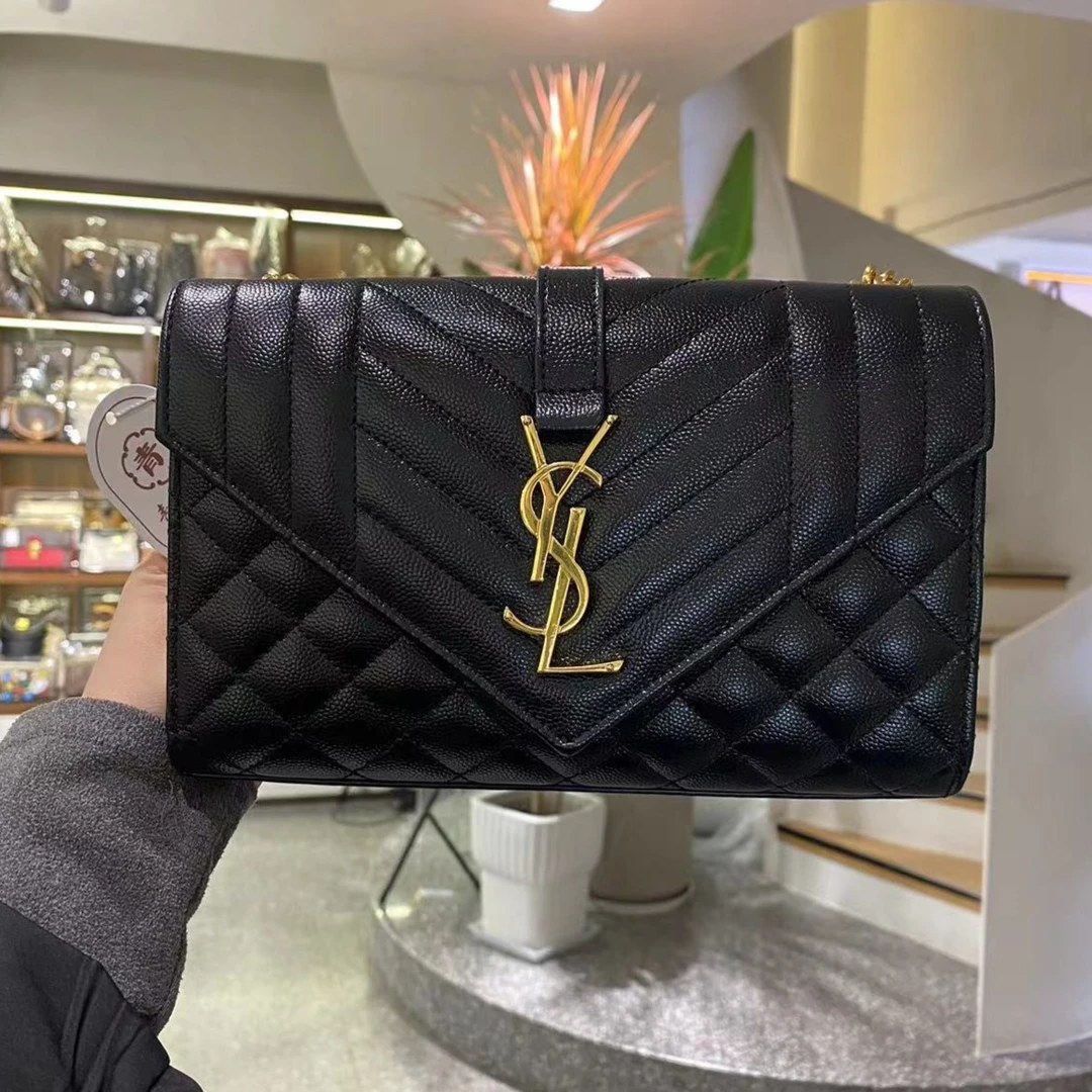 99新 YSL/圣罗兰 青奢荟/黑金色小号时尚链条信封斜挎包////37672
