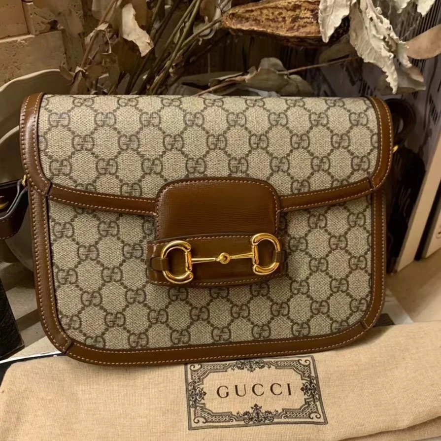 95新 GUCCI/古驰 青奢荟/棕色女士1955马衔扣中号肩带包////33243