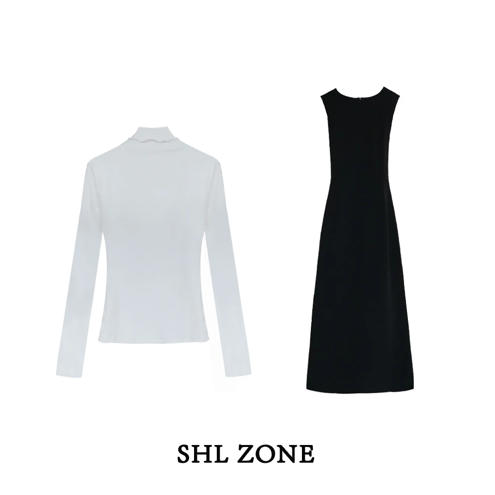 舒胡蕾 告白信丨韩系百搭高领打底衫+时尚黑色背心长裙子女两件套