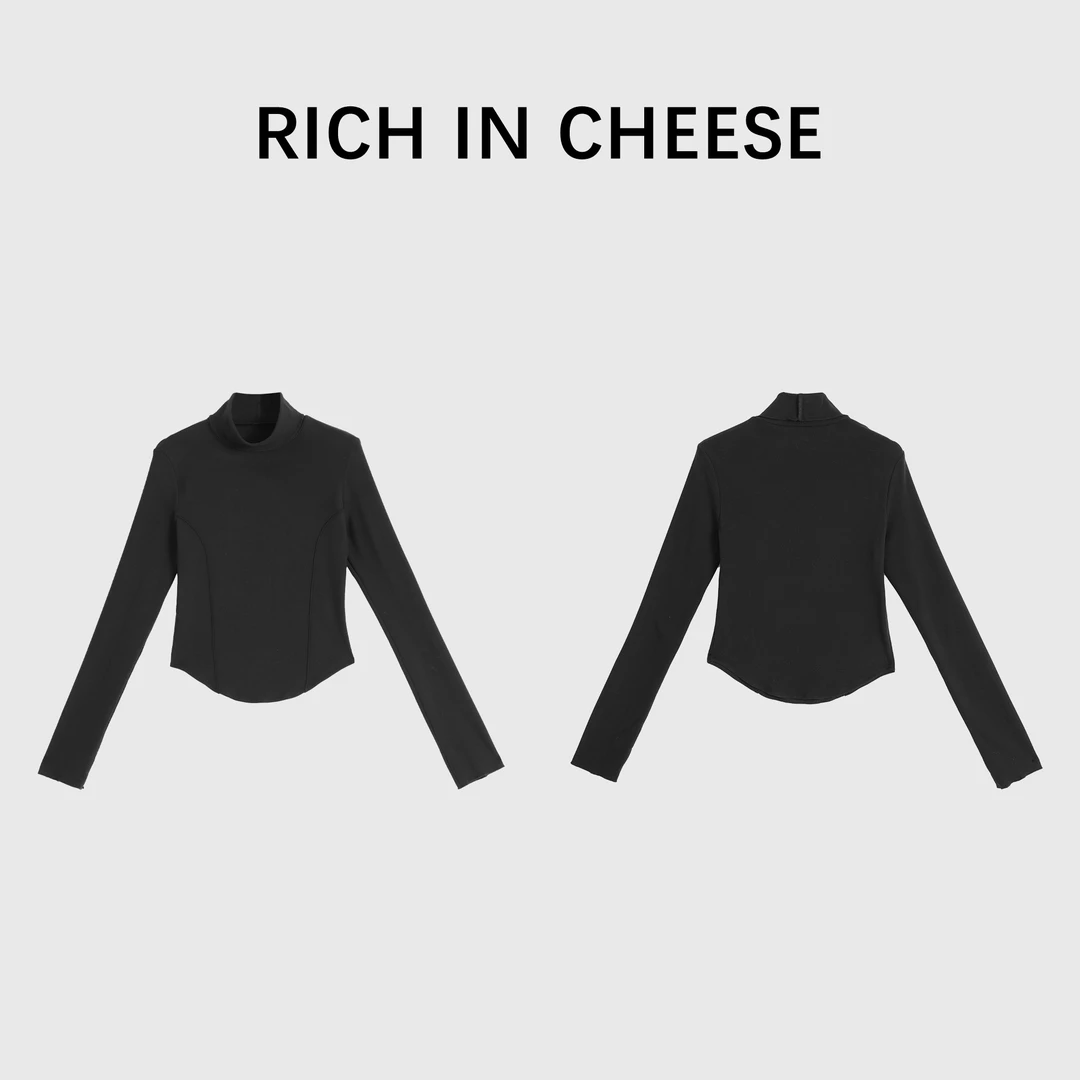 RICHINCHEESE 柏林邂逅 黑色高级感堆堆领设计气质德绒修身打底衫