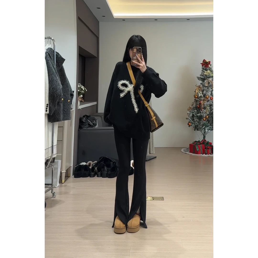 RICHINCHEESE 富士山下 黑色蝴蝶结套头毛衣慵懒风百搭针织上衣冬