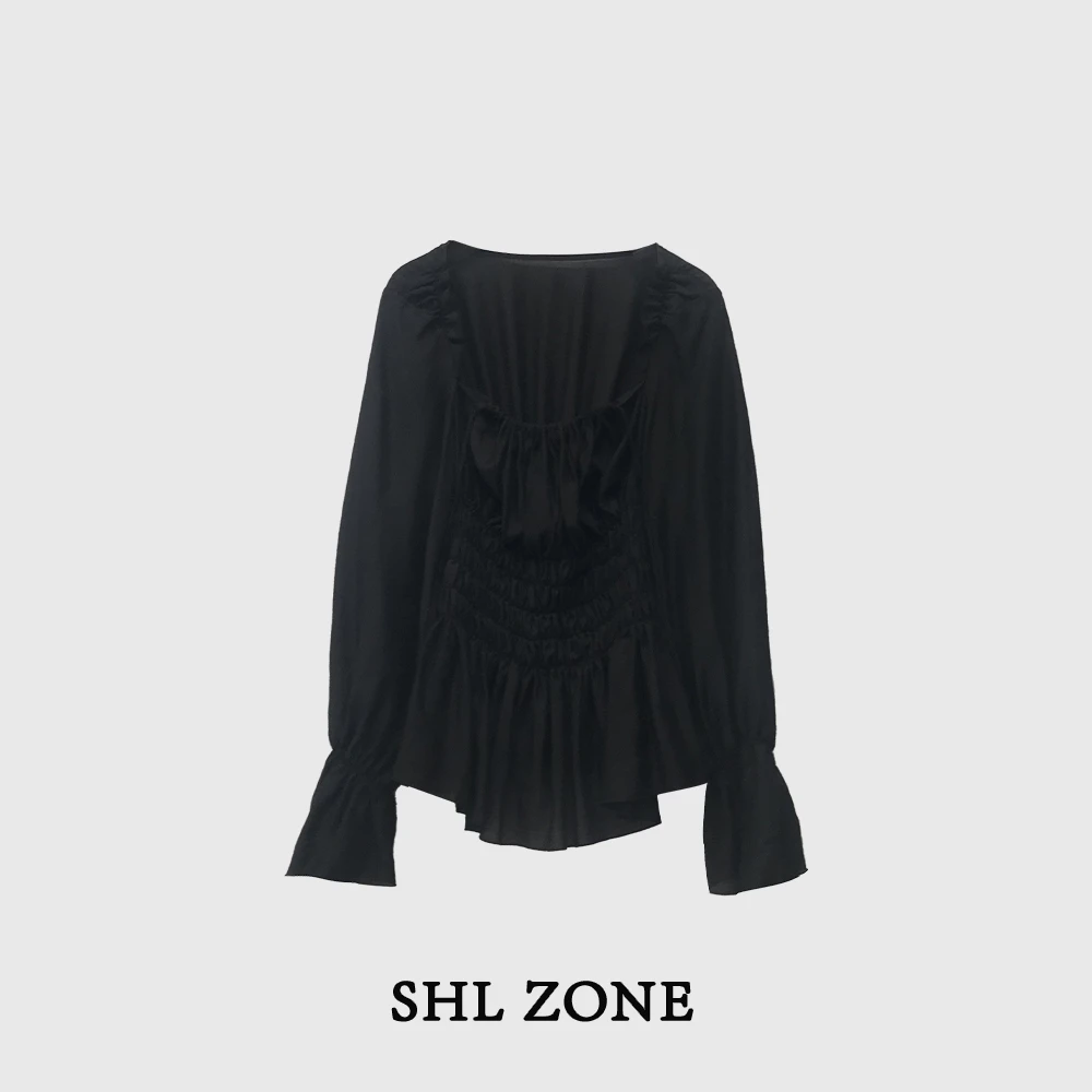舒胡蕾 韩系高级丨黑色时尚显身材长袖雪纺衫女打底洋气纯色上衣