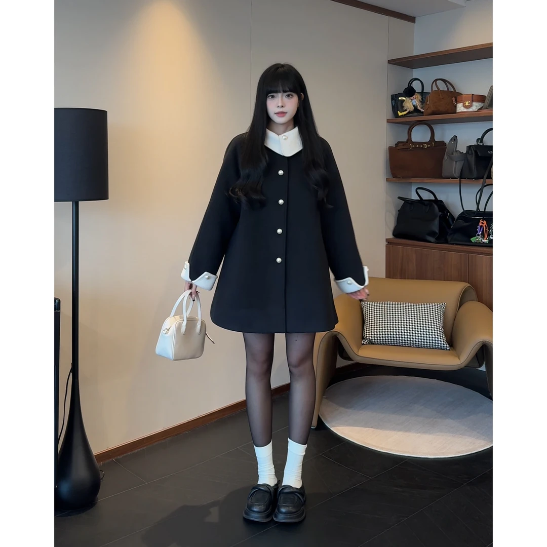 RICHINCHEESE 菲林都市 气质娃娃领撞色夹棉外套显瘦高级毛呢大衣